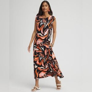 Chicos 2 Petite Travelers Floral V-Back Maxi Dress Navy Blue Orange Floral Large